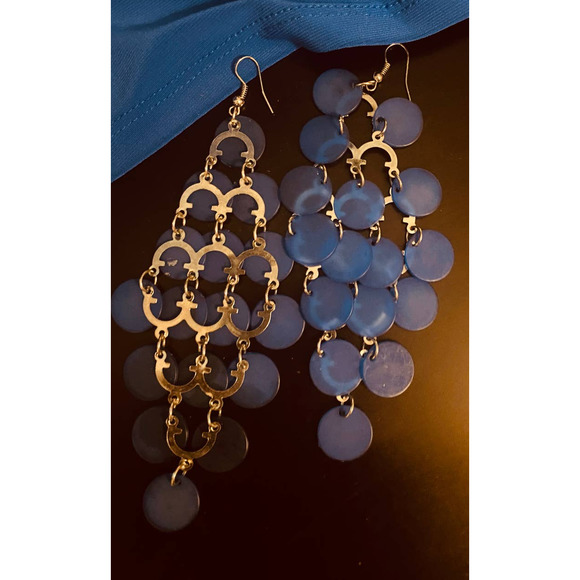 Vintage Shell Chandelier Statement Earrings Royal Blue 5 Inch Dangle Drop - Picture 4 of 7